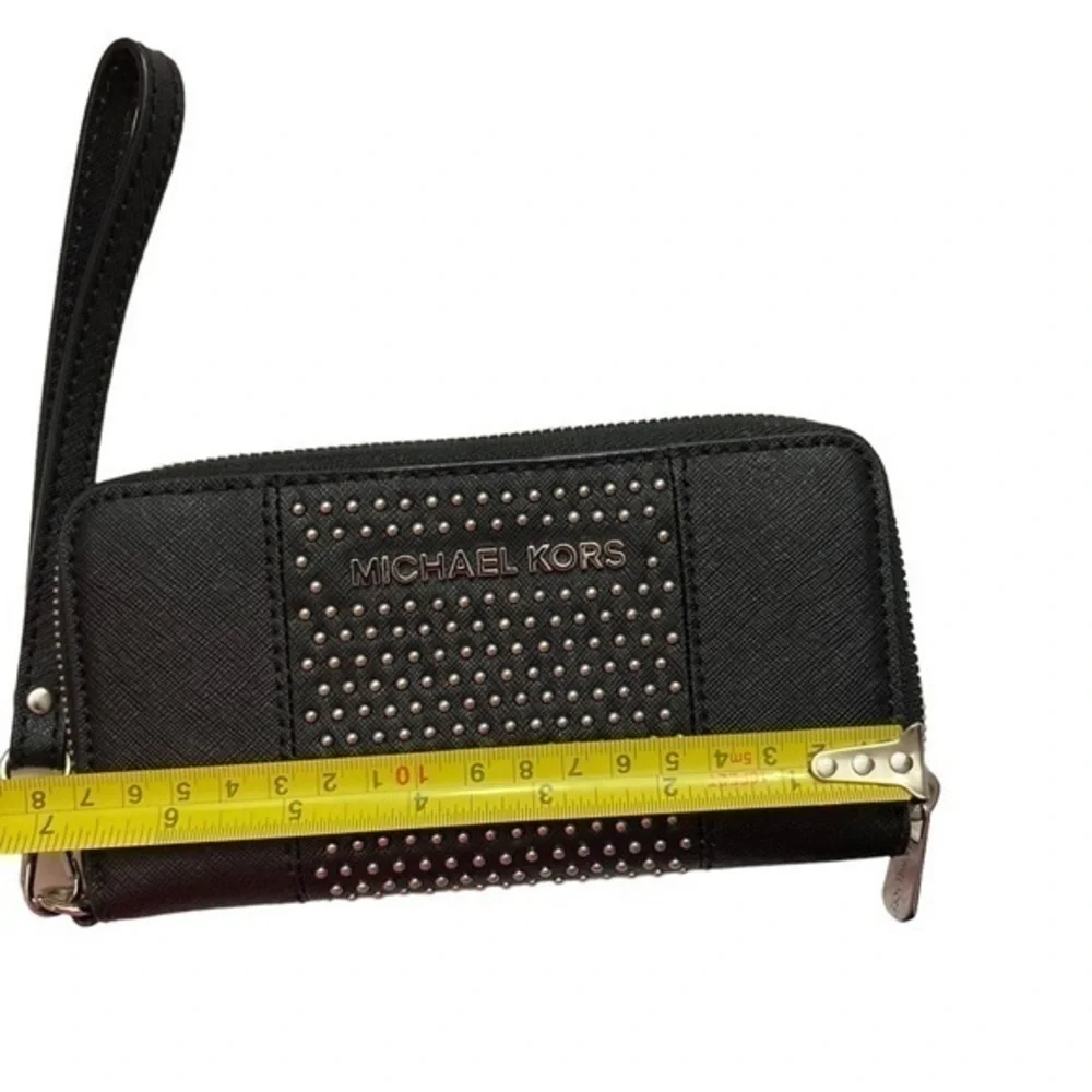 Michael Kira black saffiano leather wristlet clutch zipper wallet micro studs